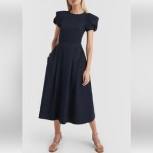 Chic navy blue Midi Dress with Puff Sleeves